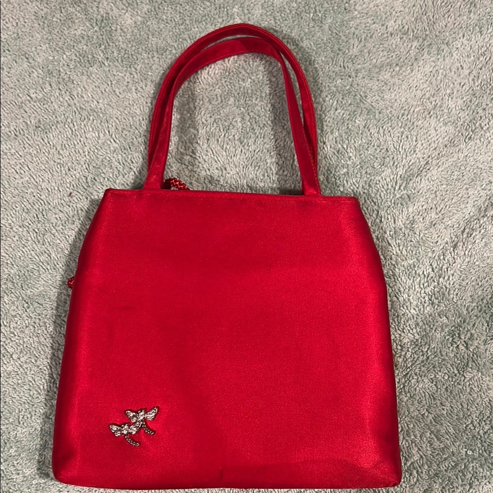 Elegant Red Handbag with Dragonfly Accent